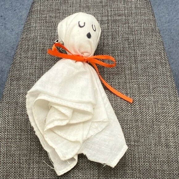 Halloween Ghost Pin Brooch Handmade White Handkerchief Orange Ribbon Cute Spooky - Picture 2 of 9